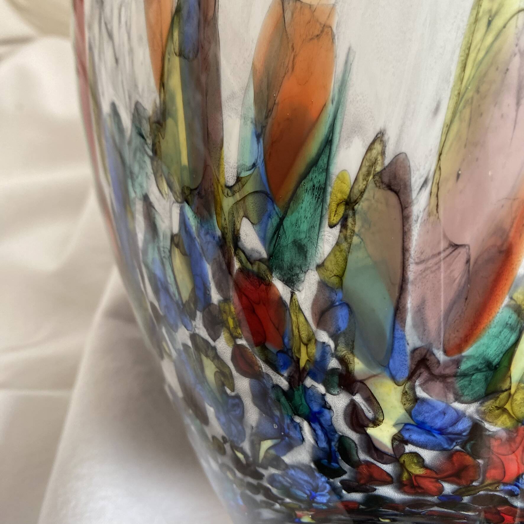 Large blown glass vase with polychrome inclusions in the Murano style.