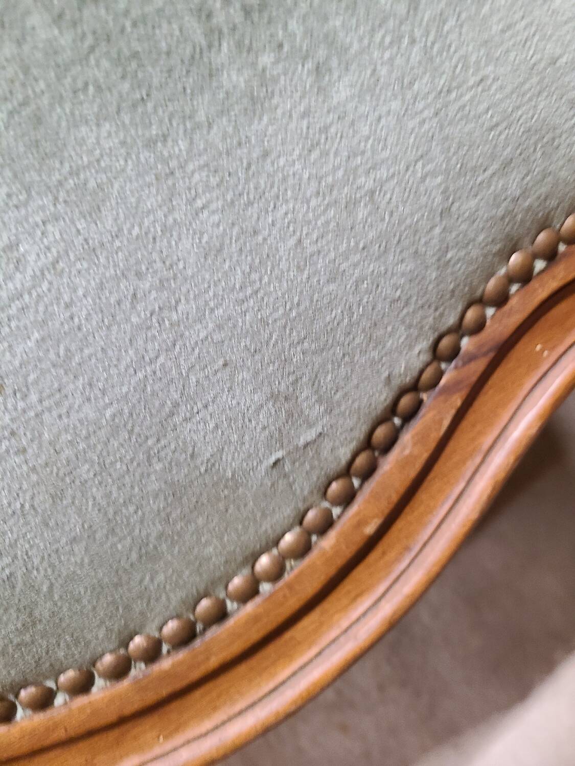 Vintage Louis XV style wing chair, light green velvet