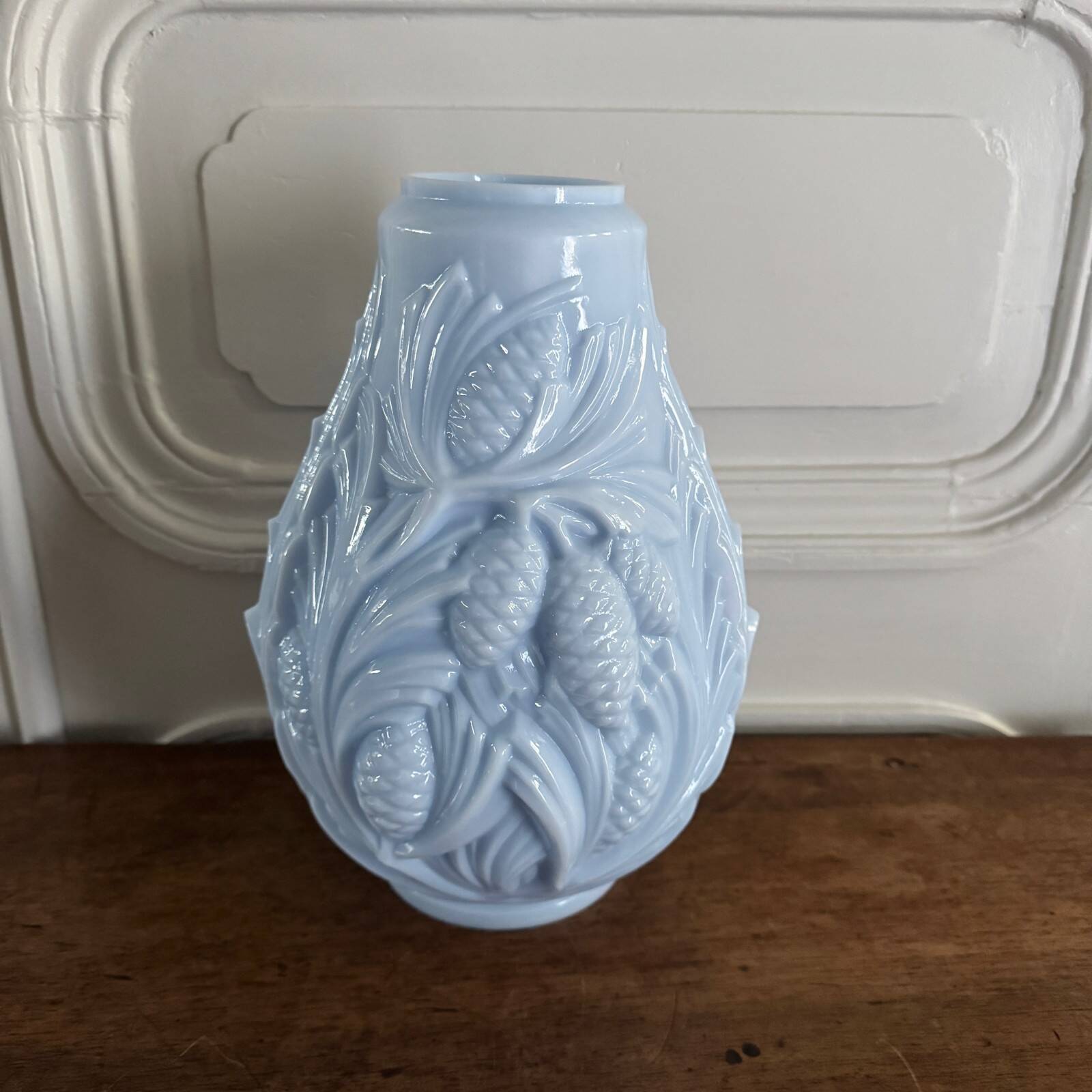 Blue opaline vase decorated with foliage and pine cones, 1930