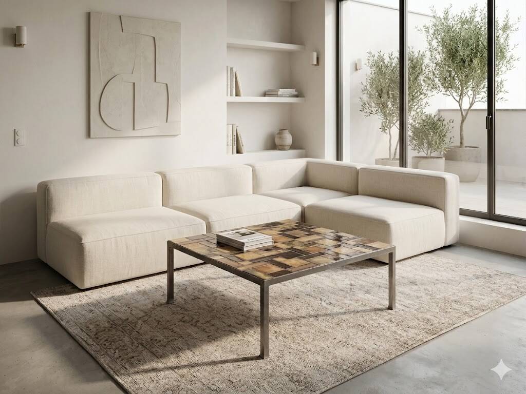Table basse brutaliste fer forgé et céramique des années 70'