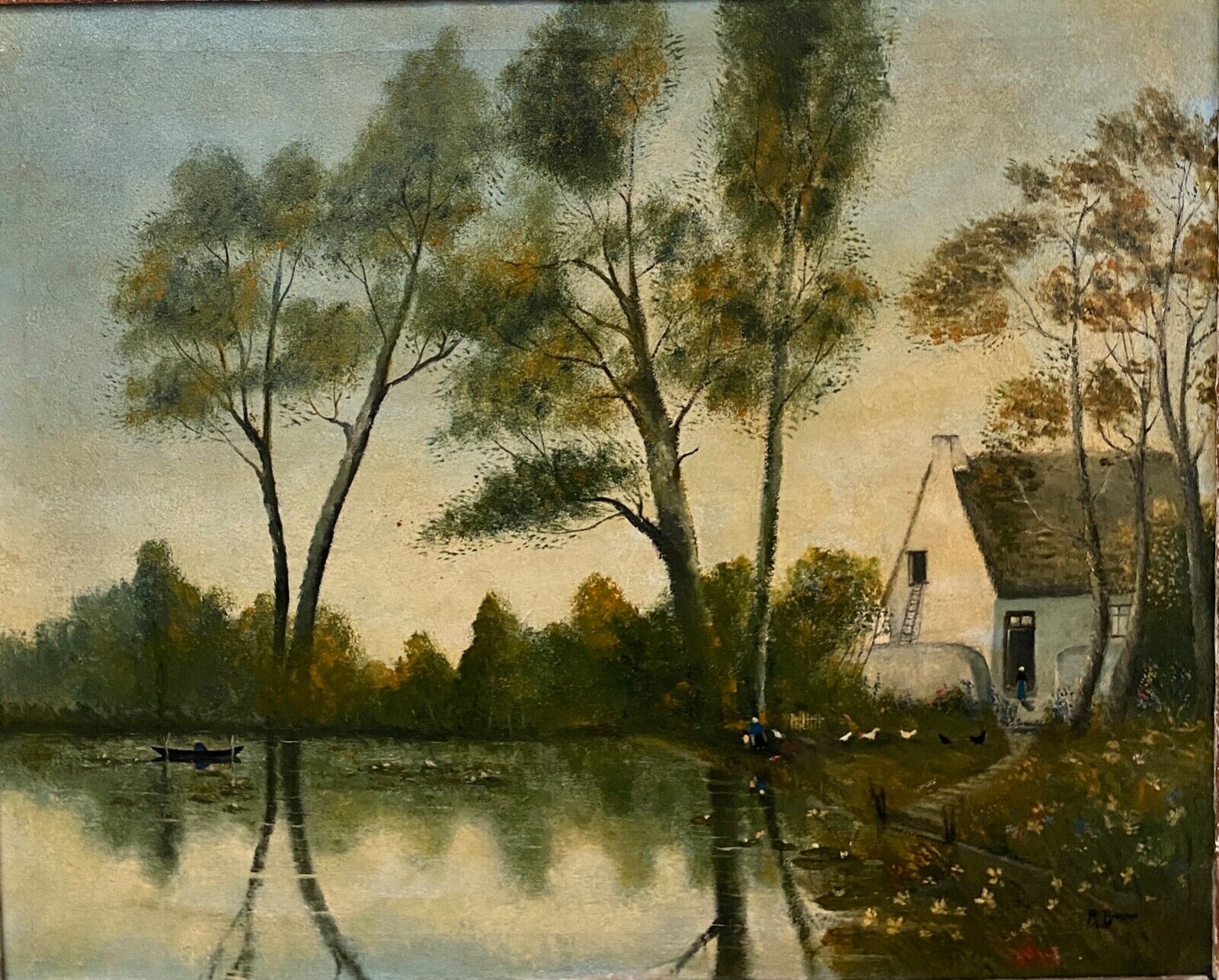 Oil on canvas by A. Biron XXth landscape by the river thatched cottage