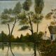 Oil on canvas by A. Biron XXth landscape by the river thatched cottage