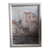 Old oil painting depicting a landscape