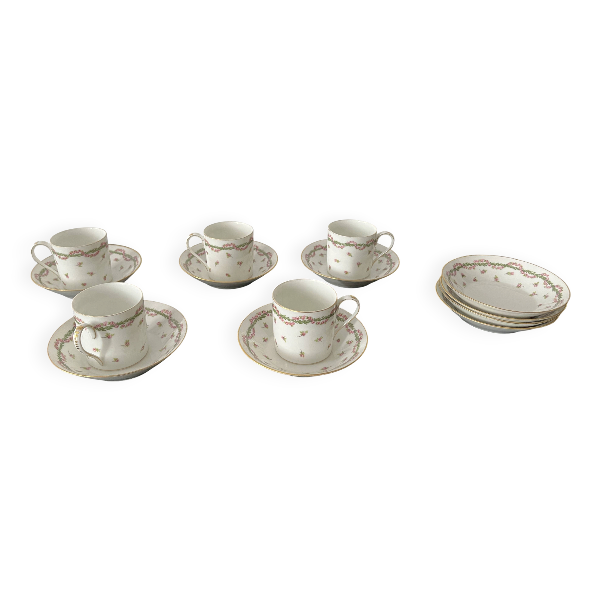 5 tasses à café 11 soucoupes-À la Paix,Paris-1900-Porcelaine de Limoges