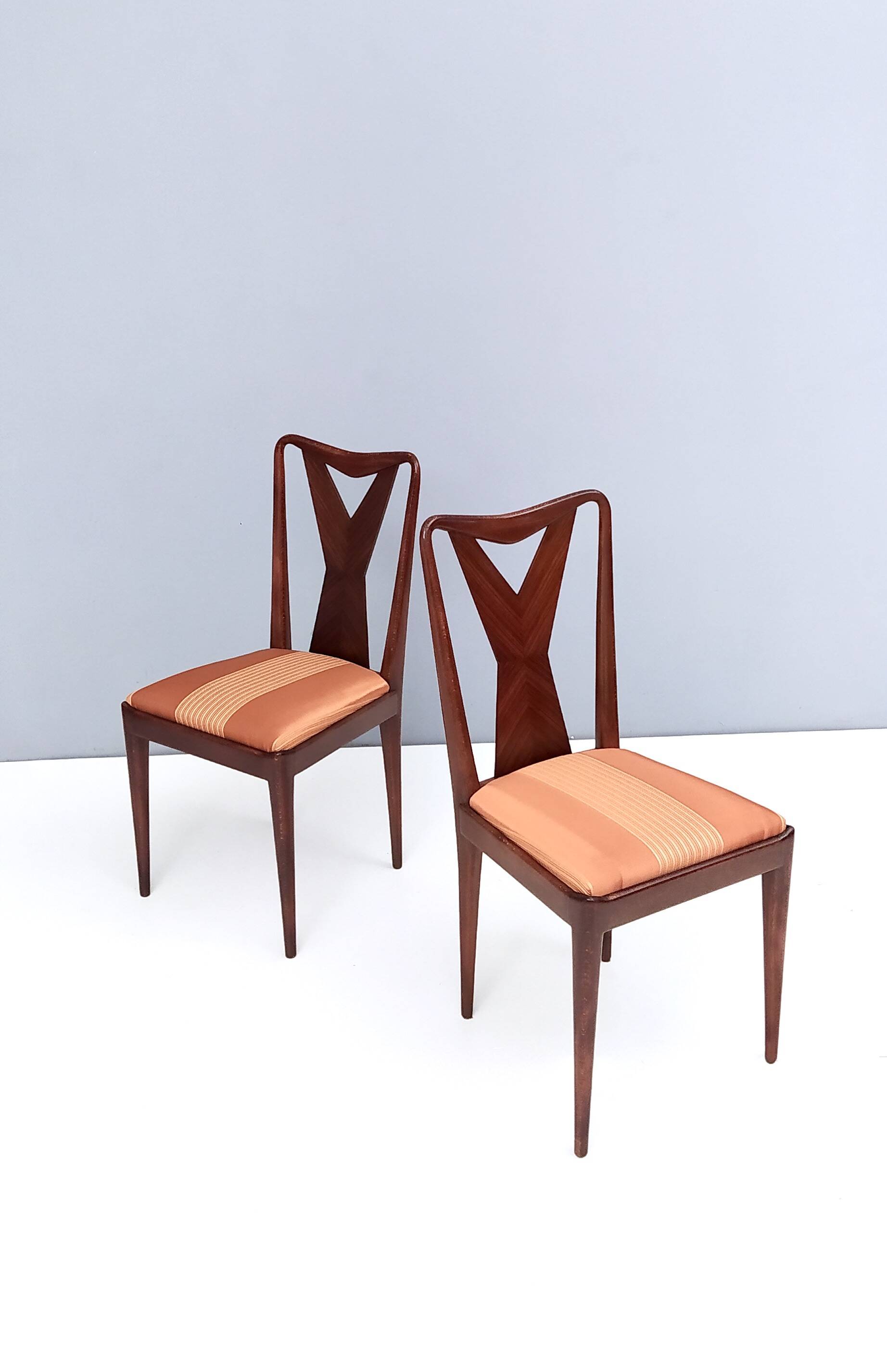 Set of Six Walnut Dining Chairs with Orange Fabric in the Style of Parisi