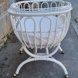 Bed crib bamboo rattan with wheels, white, with handle, vintage, 60s
