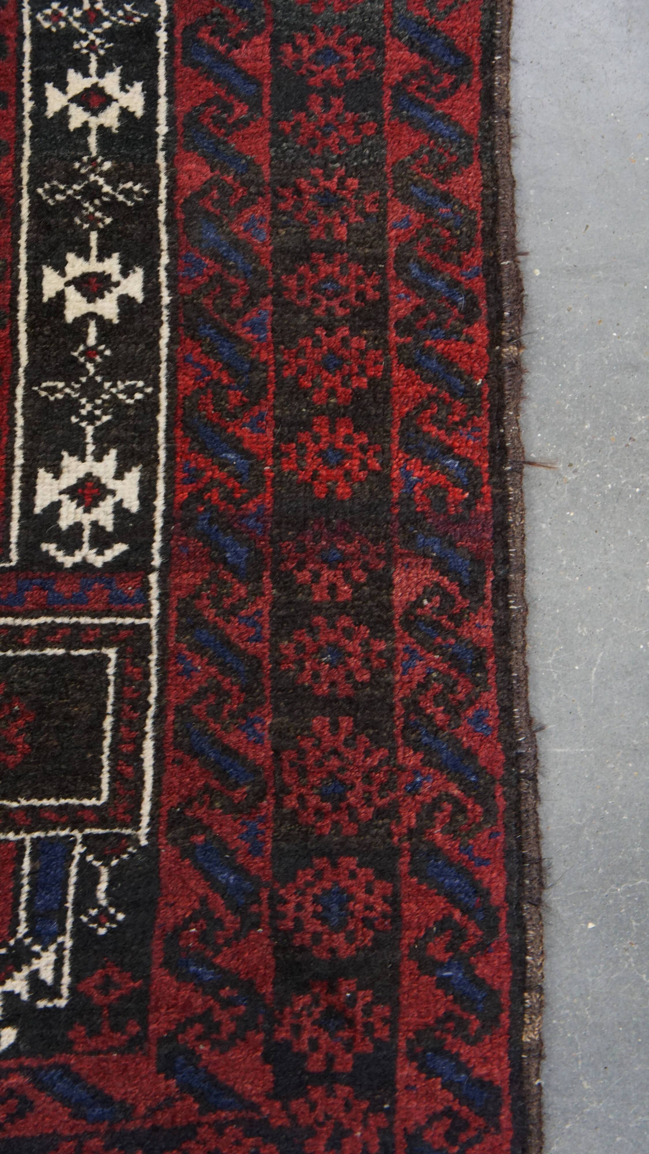 Hand-Knotted Rug with Burgundy Red, Dark Blue, and Beige Tones 143x88 cm