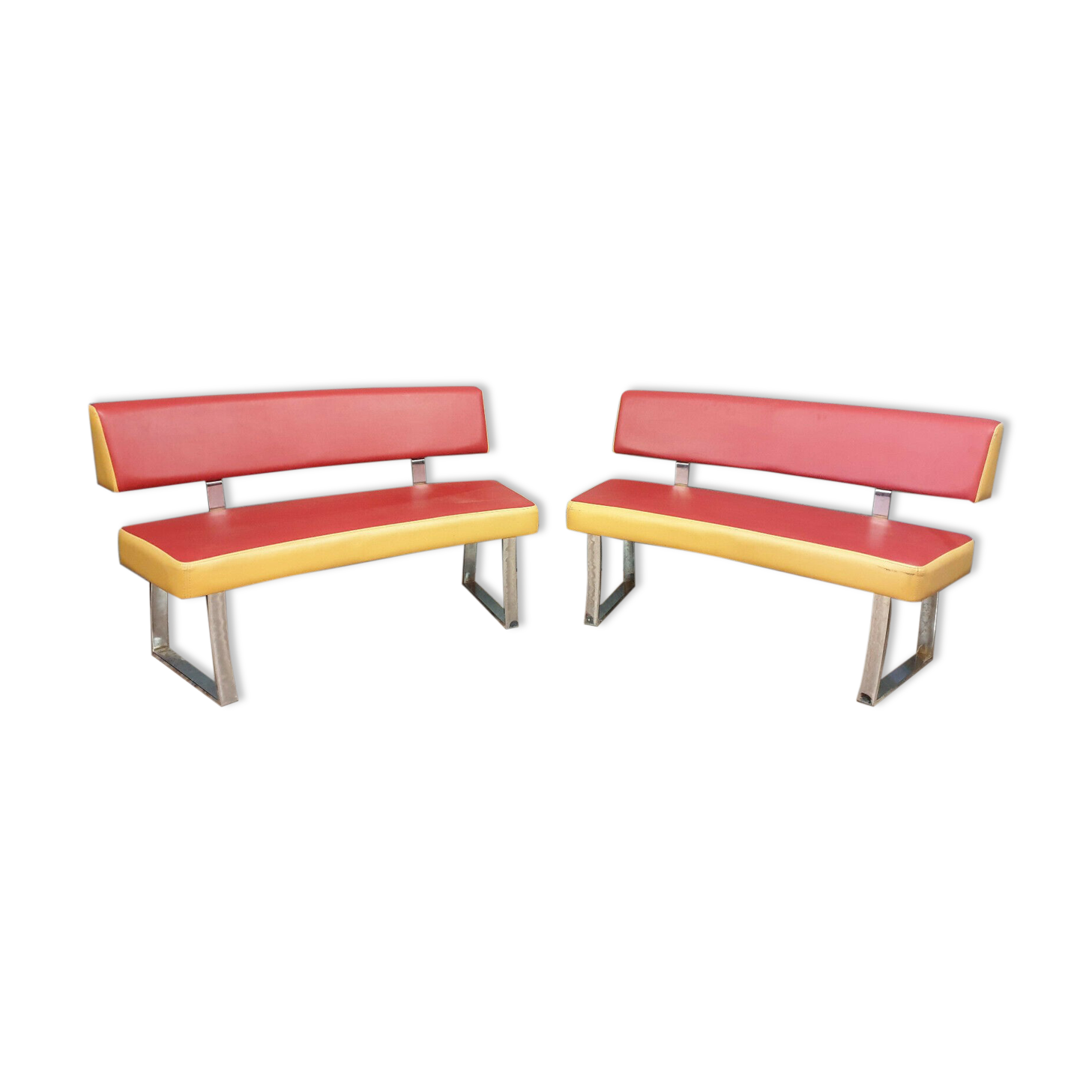 Pair of semi-moon benches in skai and chrome steel