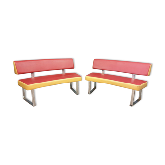 Pair of semi-moon benches in skai and chrome steel