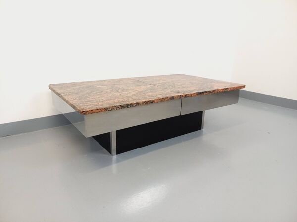 Table basse vintage en granit, métal chromé et mélaminé noir avec bar