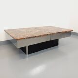 Vintage granite, chrome metal and black melamine coffee table with bar