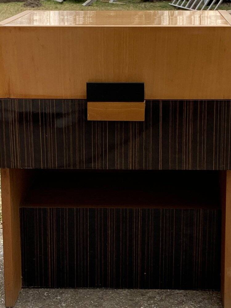 Mid-century brown and black lacquer dressing table set with 2 bedside tables.