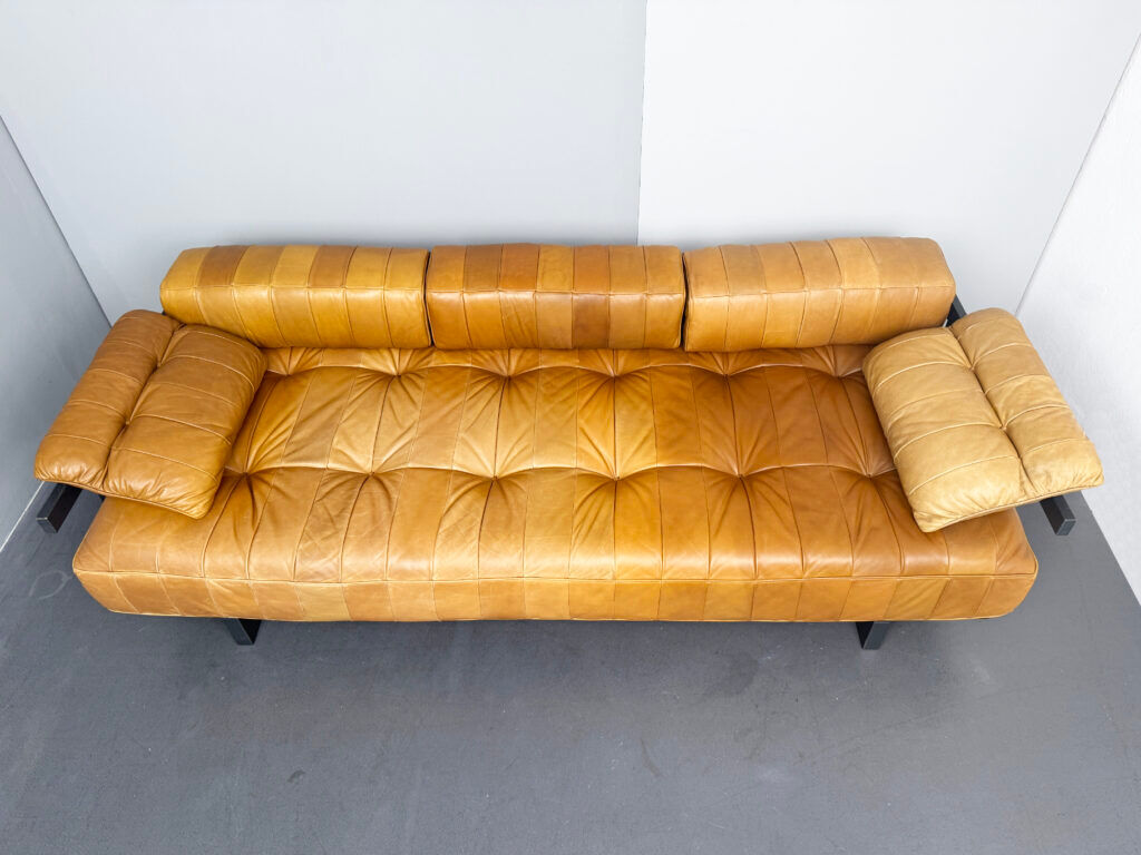 DS 80 daybed, patchwork sofa with armrests in cognac leather by De Sede, Switzerland, 1980s