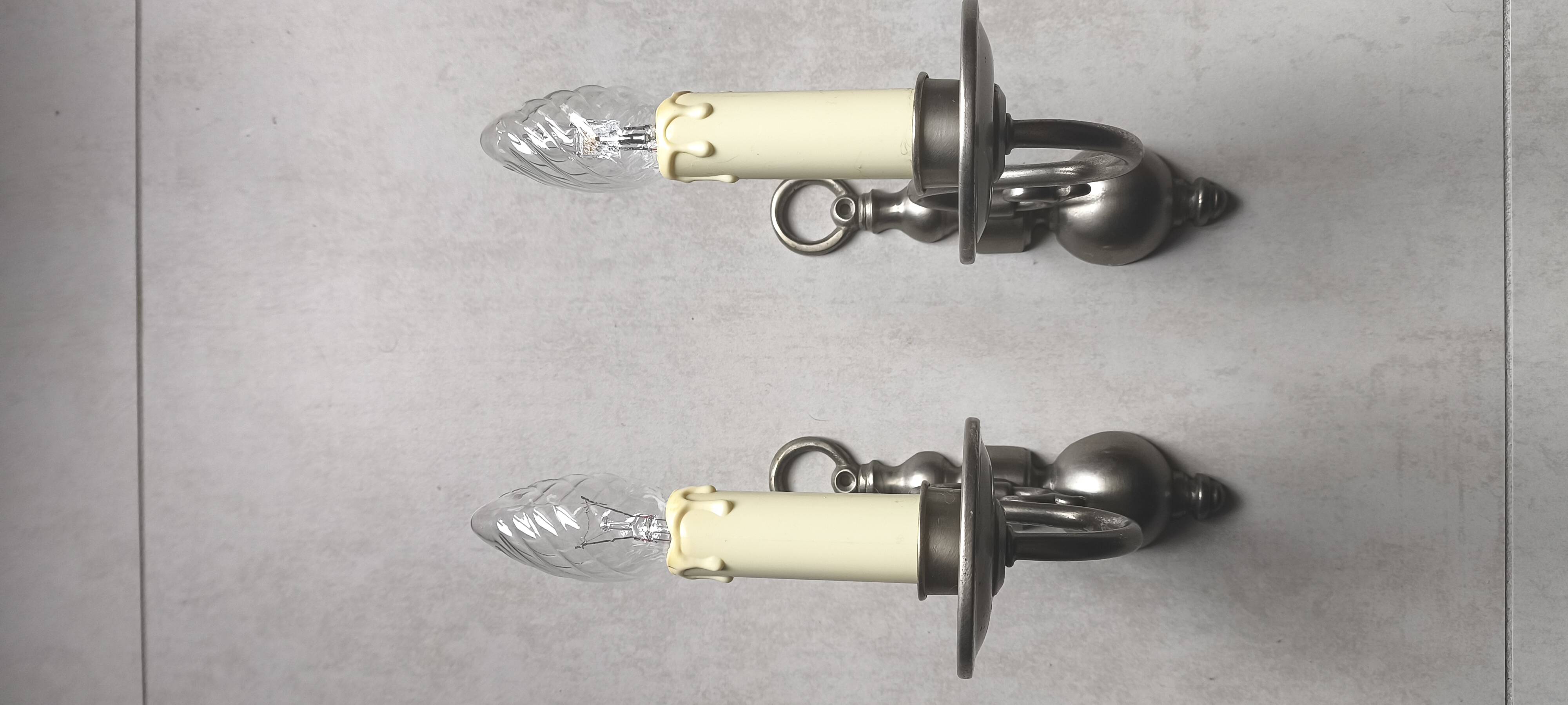 2 Wall Sconces Candle Holders Antique Style - Satin Nickel Metal - E14 Socket