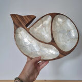 Empty wooden and mother-of-pearl whale pocket display
