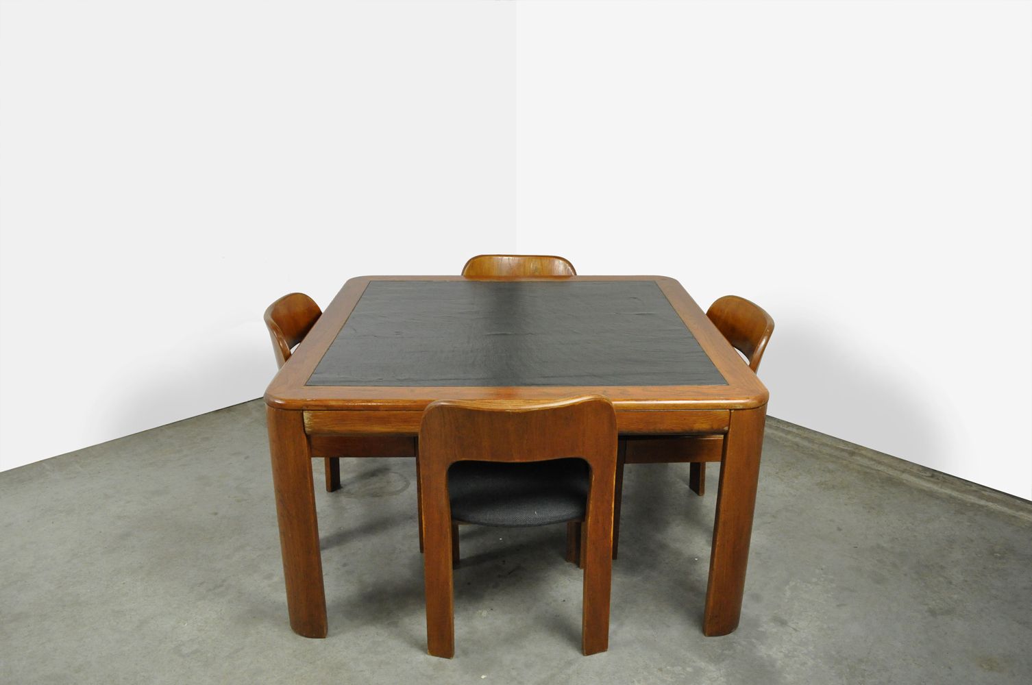 Vintage dining table set with plywood chairs and wooden table with slate inlay, 70s