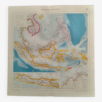 Geographical map from atlas quillet year 1925 map: political insulin india java borneo sumatra