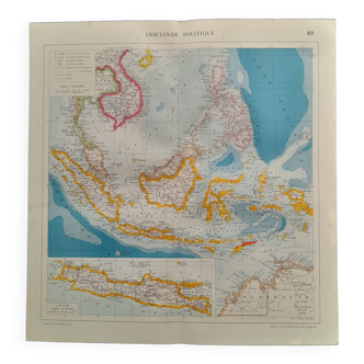 Carte géographique issue atlas quillet  année 1925  carte : insulinde politique java bornéo sumatra