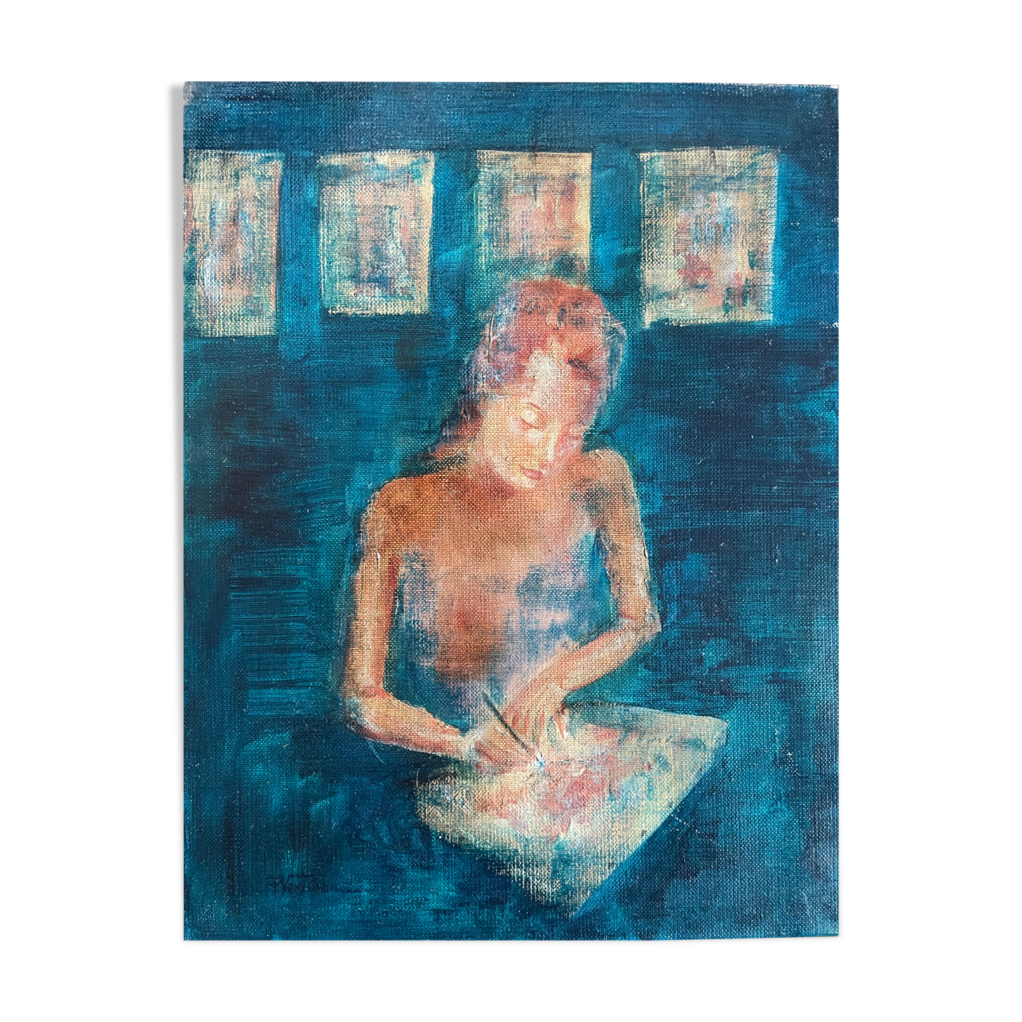 Tableau huile sur toile signé portrait femme « La Dessinatrice »