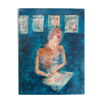 Oil painting on canvas signed portrait woman "The Draftswoman"