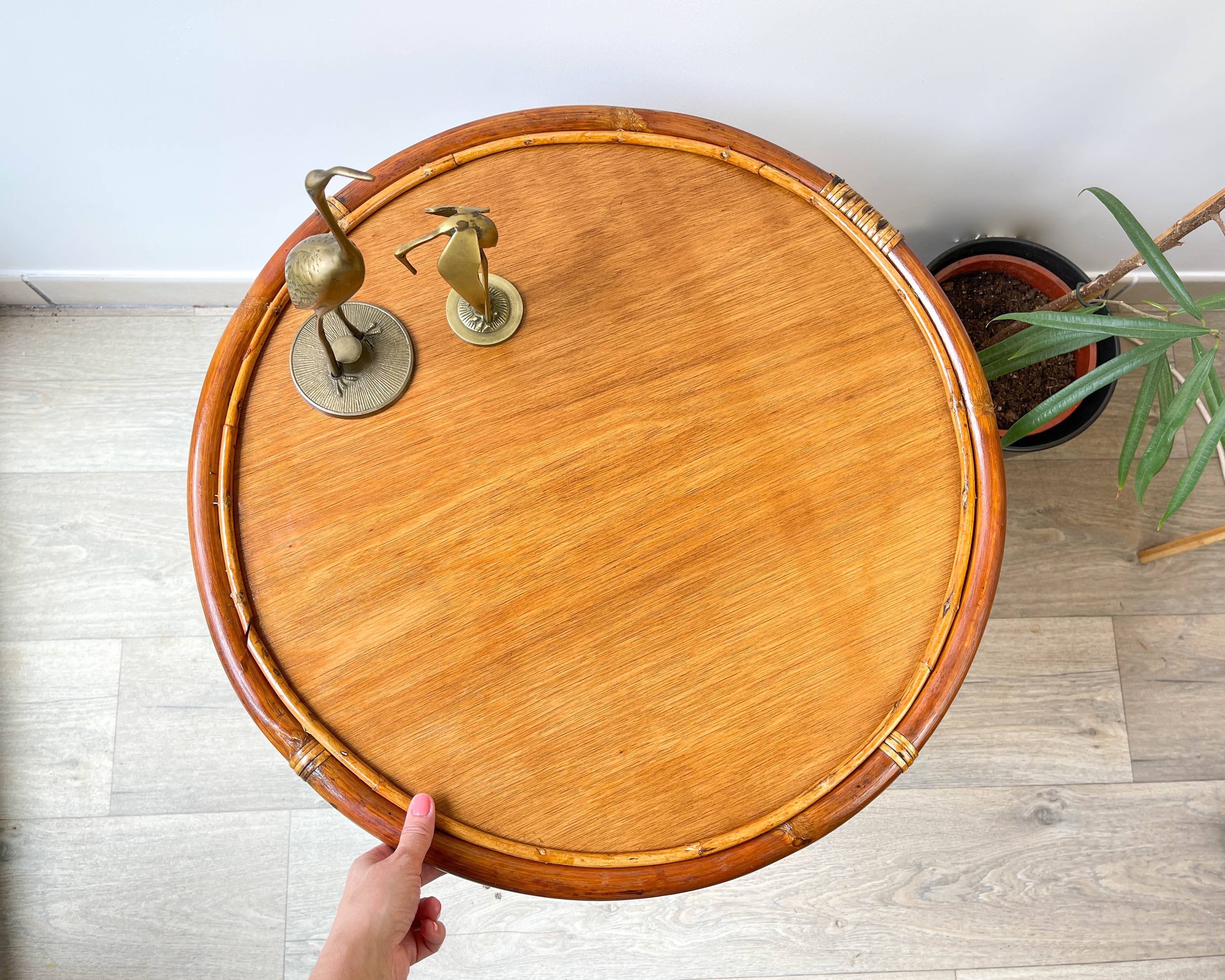 Vintage round rattan coffee table 1970