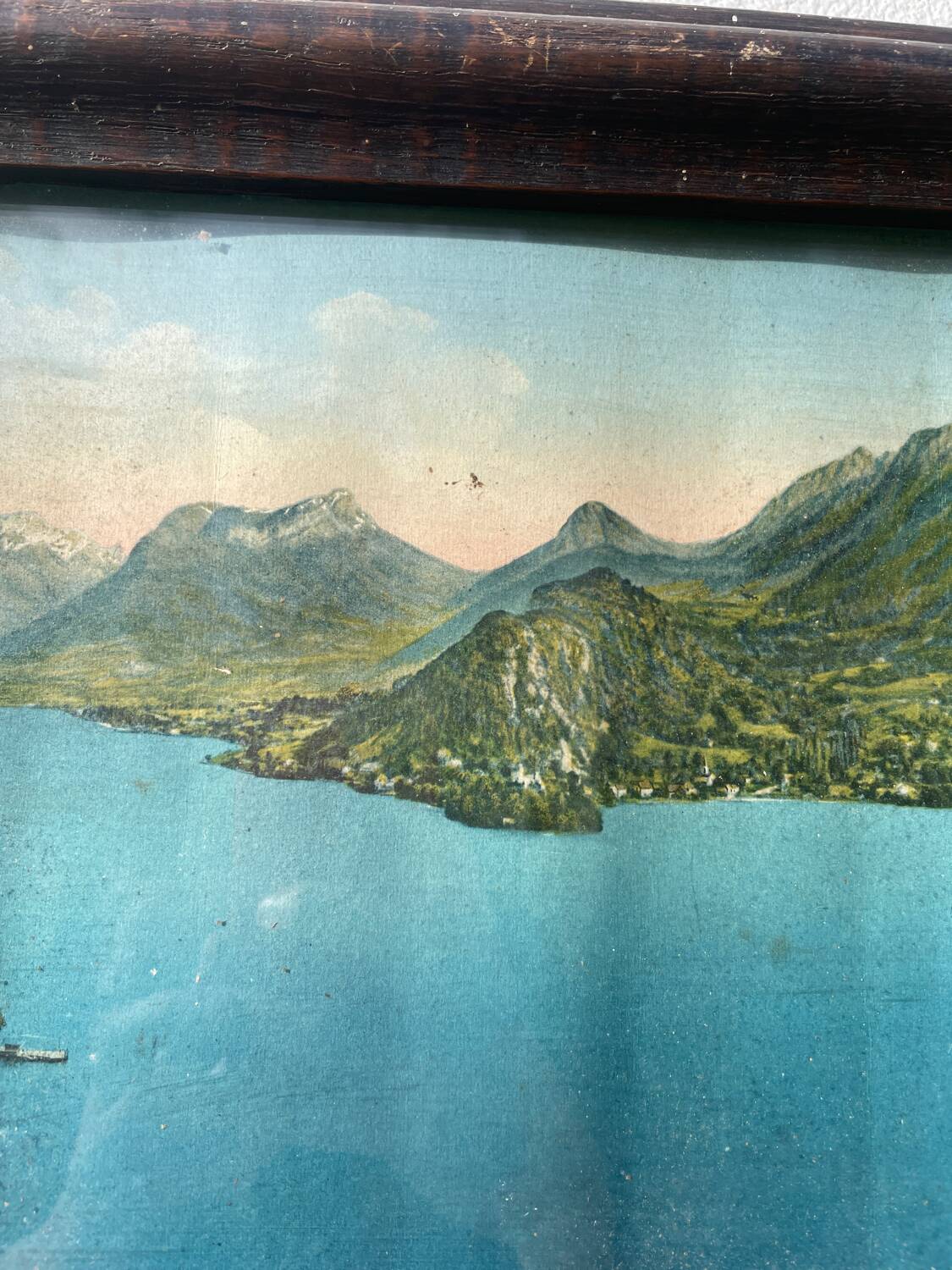Vintage photographic print / Lake Annecy Alps / wooden frame