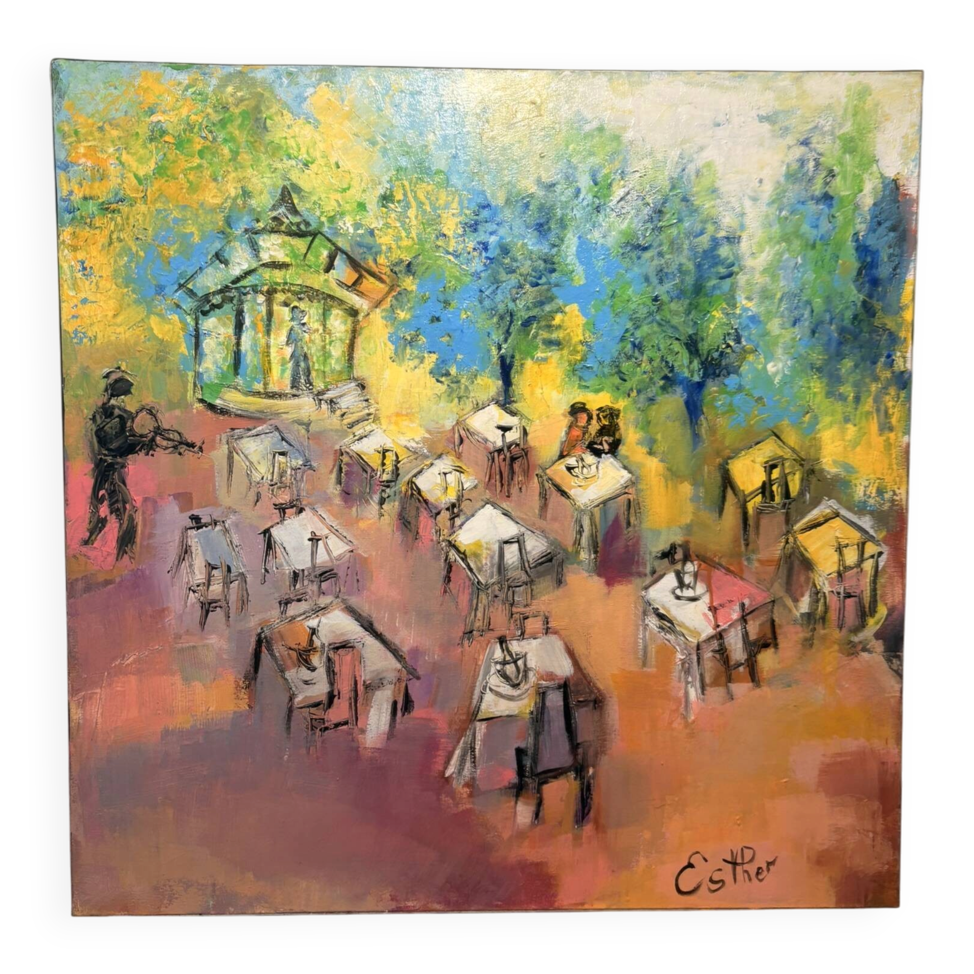 Oil Painting Canvas Deloison Scene Life Kiosk Café Bar Music