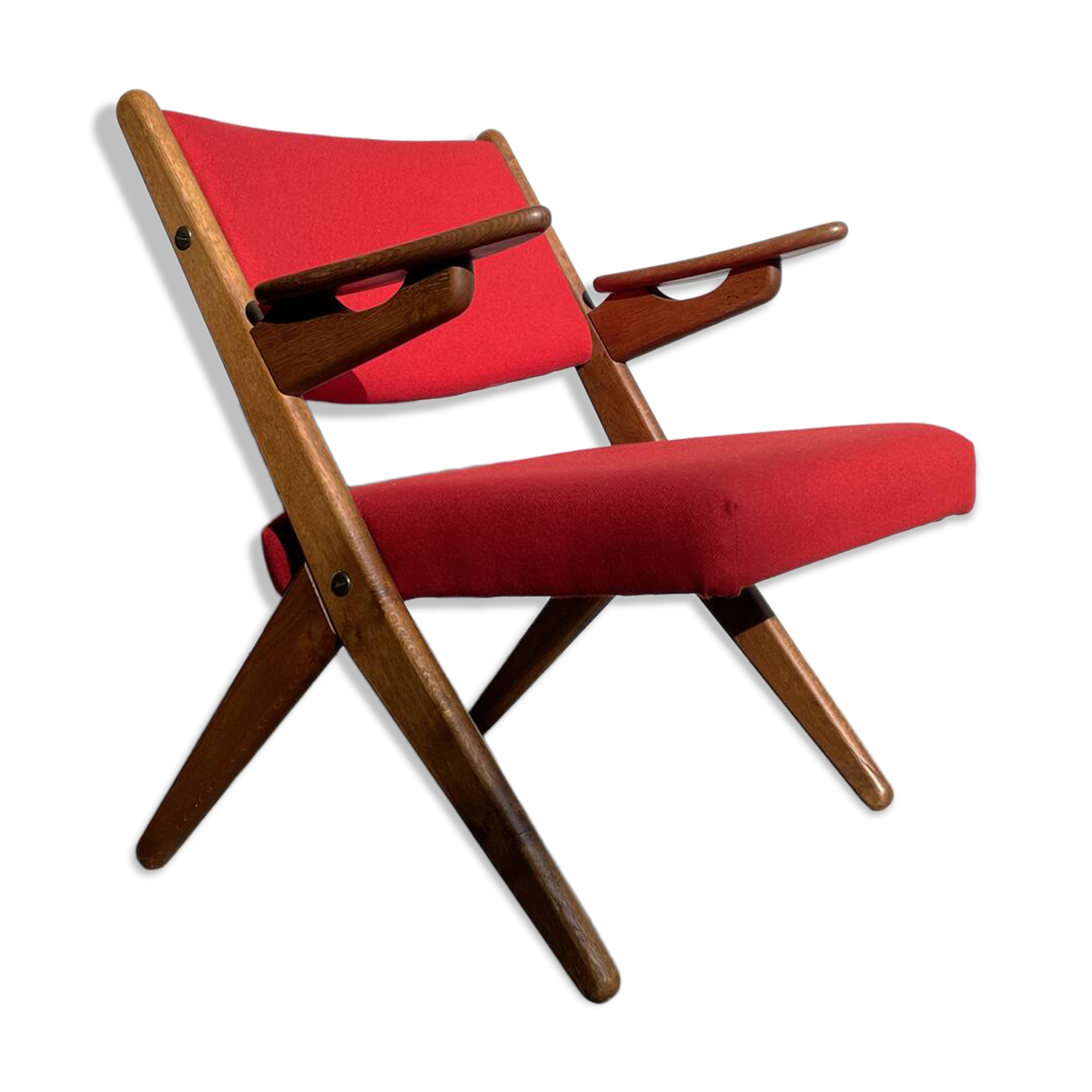 Classic Danish vintage scissor armchair by Arne Hovmand Olsen in OAK, 1960s