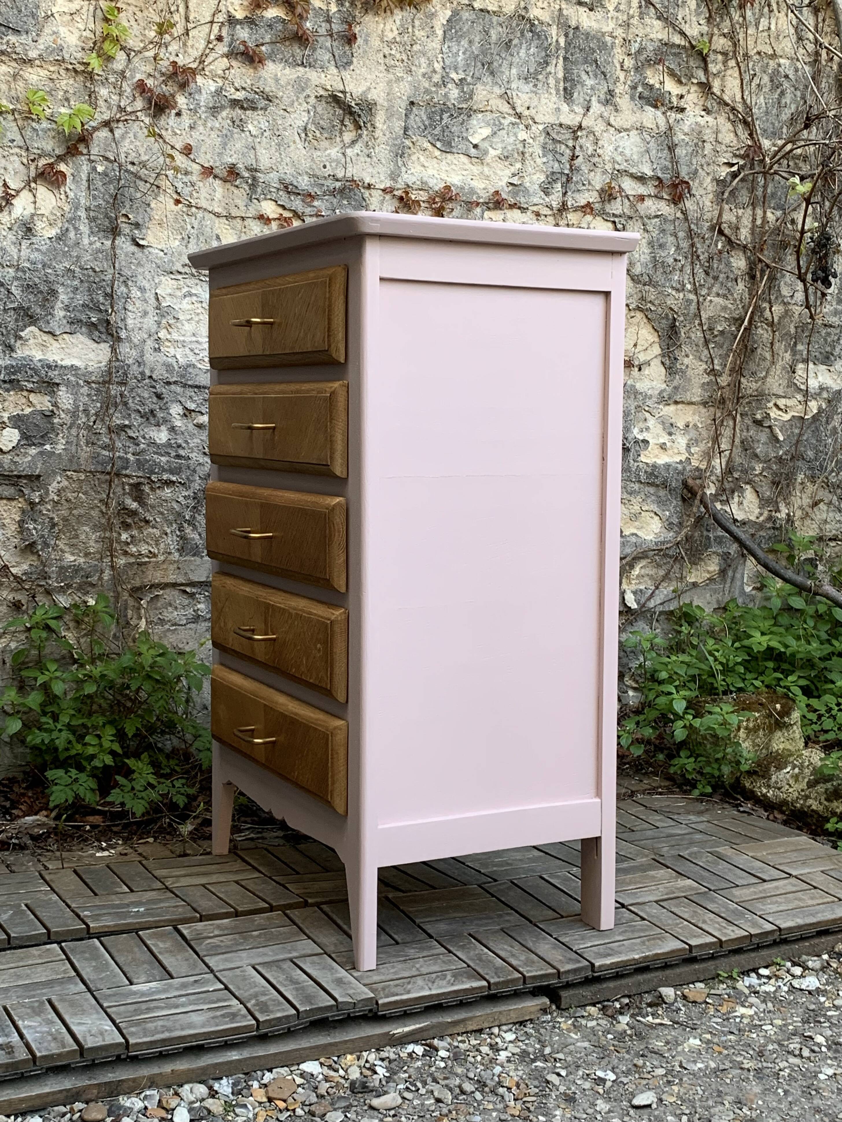 Vintage powder pink compass leg chest of drawers from the 1950s