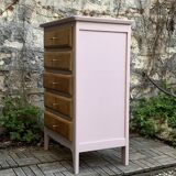 Vintage powder pink compass leg chest of drawers from the 1950s