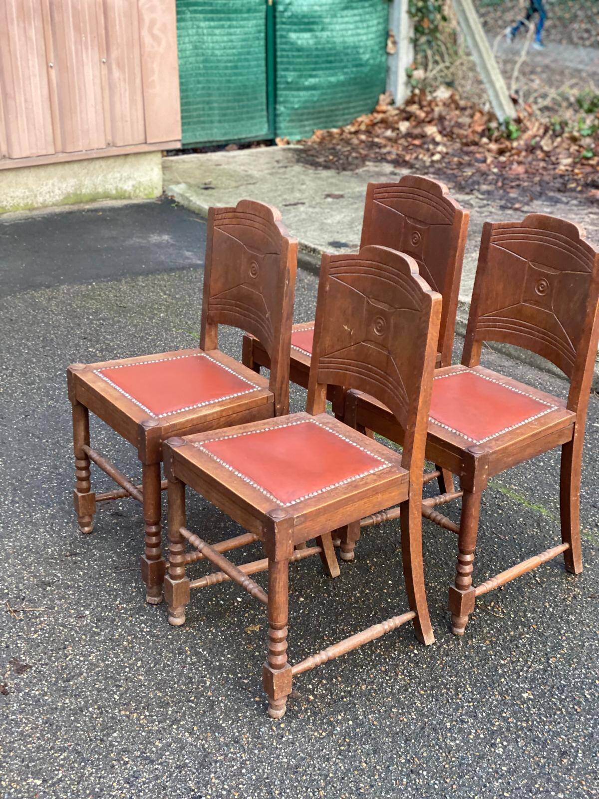 4 Art Deco gondola chairs in solid oak with burgundy faux leather, 1930s.