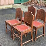 4 Art Deco gondola chairs in solid oak with burgundy faux leather, 1930s.