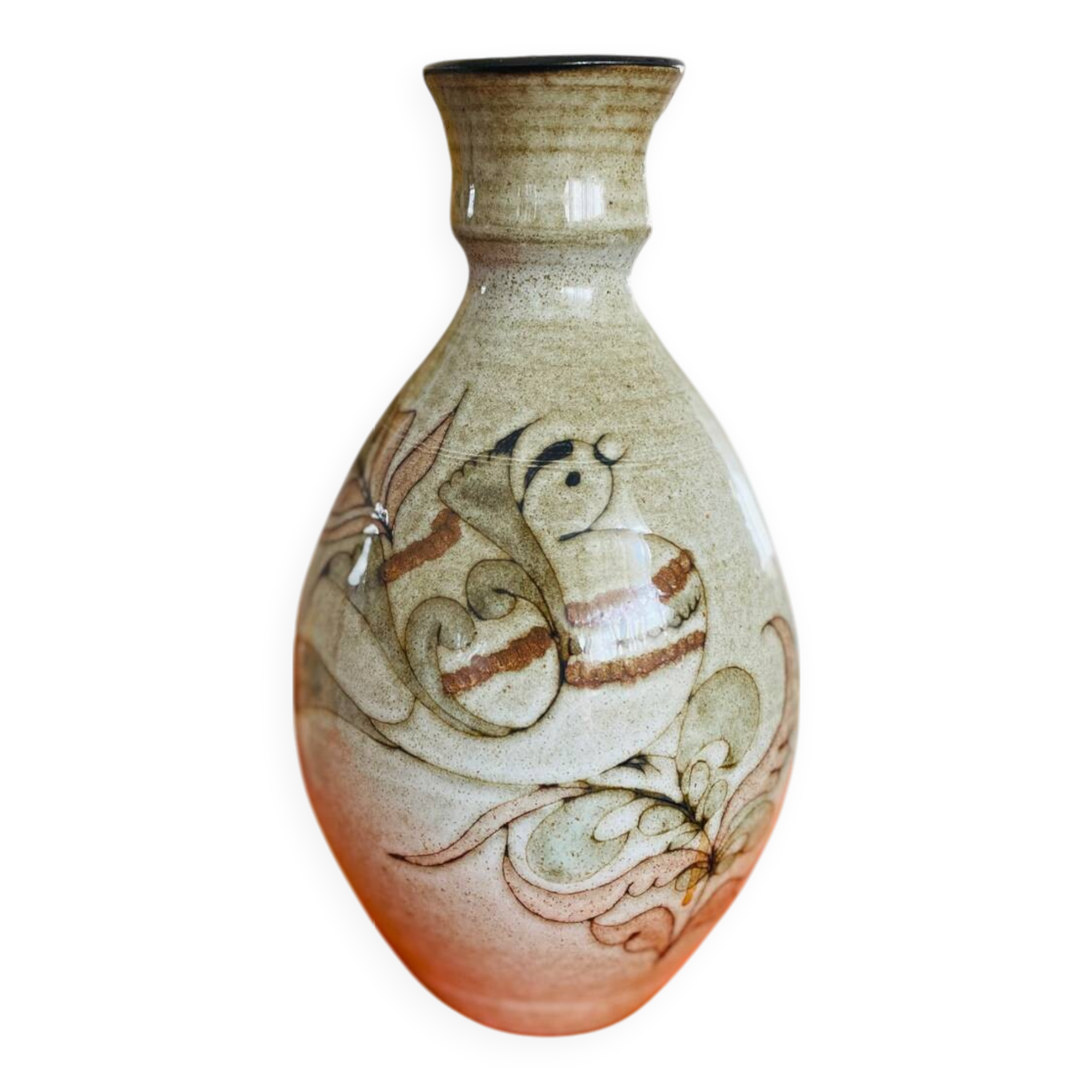Vintage 1970s ceramic vase with naive bohemian motifs
