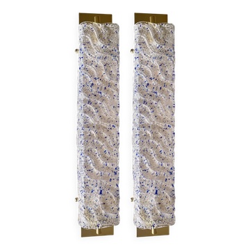 High-End Gold Wall Sconce Pair with Blue “Graniglia” Murano Glass