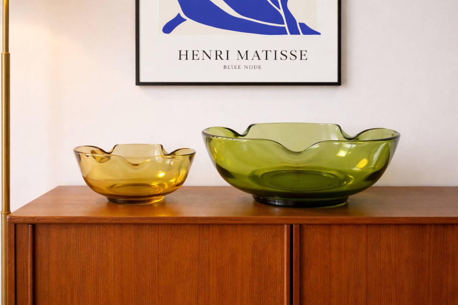 Vintage green and amber glass bowls – 1970s organic design from Canada