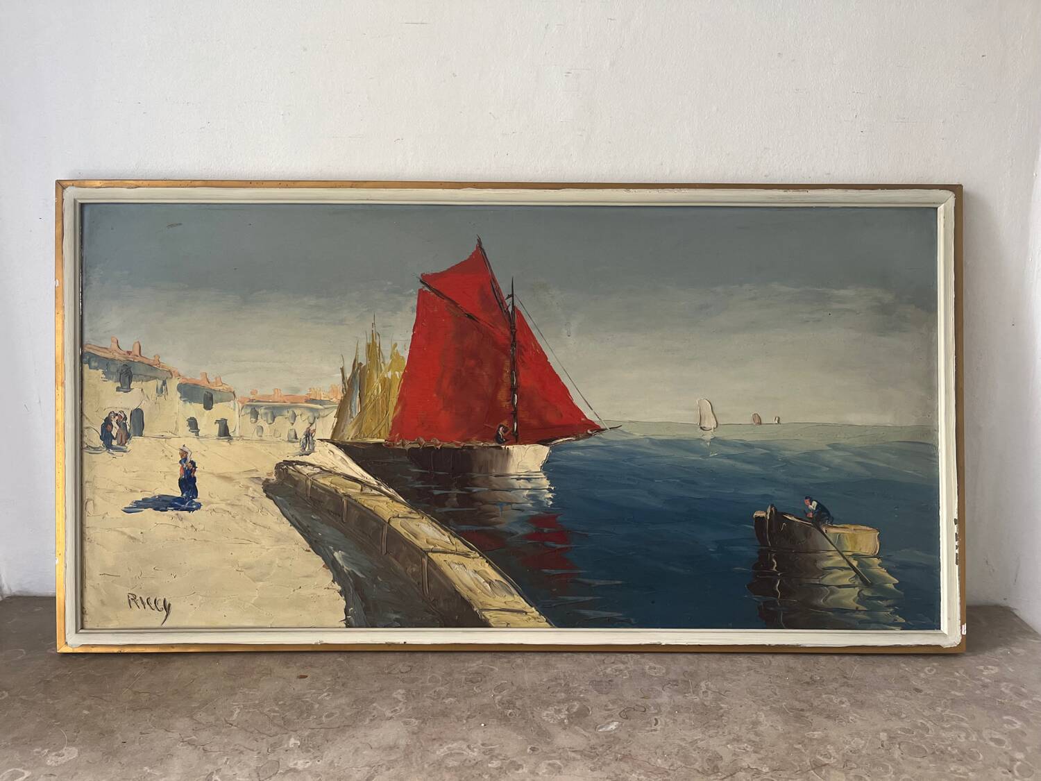 Marine, "Red Sail" technique with knife on panel signed Riccy.