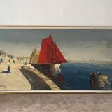 Marine, "Red Sail" technique with knife on panel signed Riccy.
