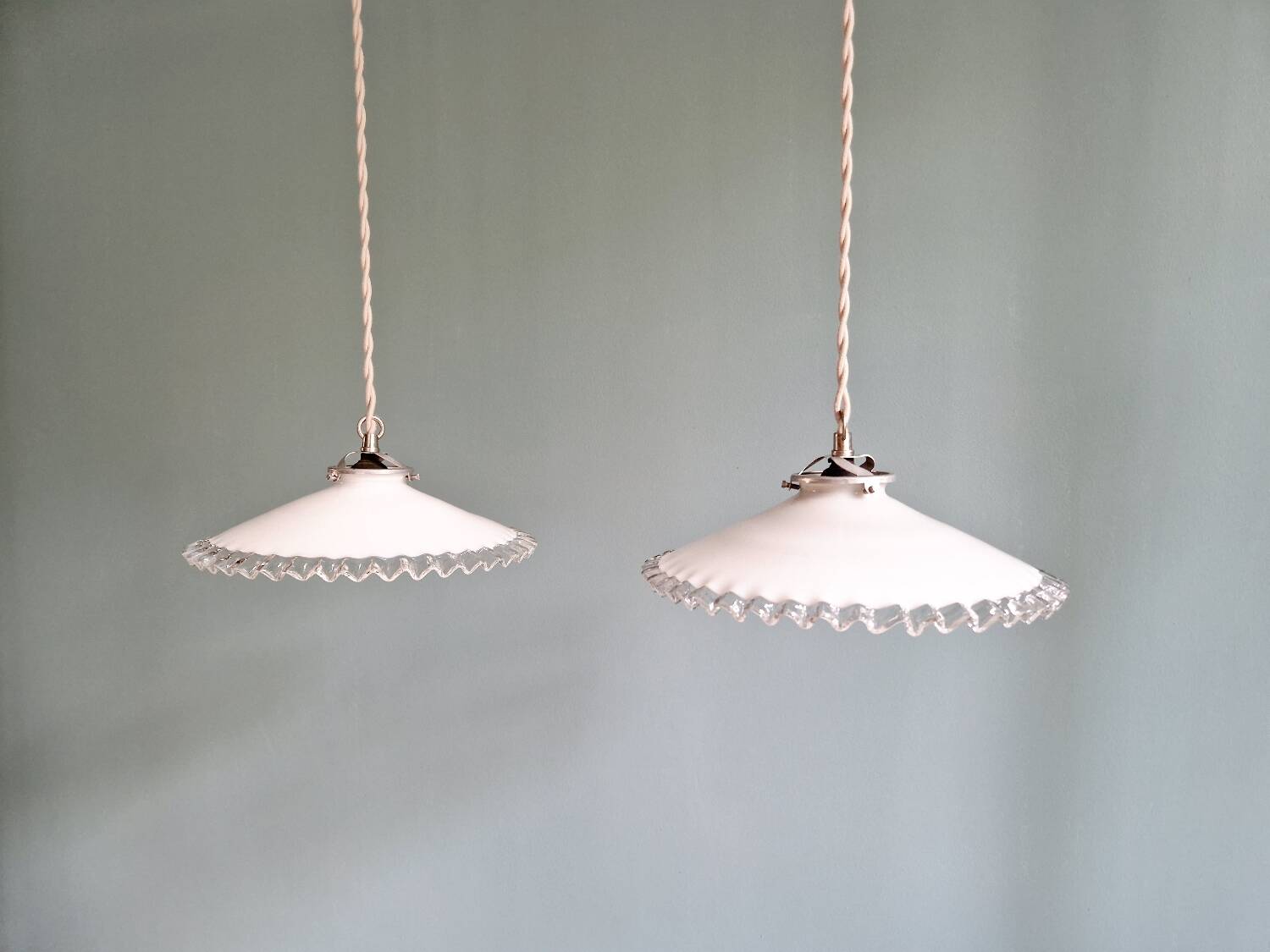 Pair of Art Deco pendant lights in scalloped white opaline, 1920-30