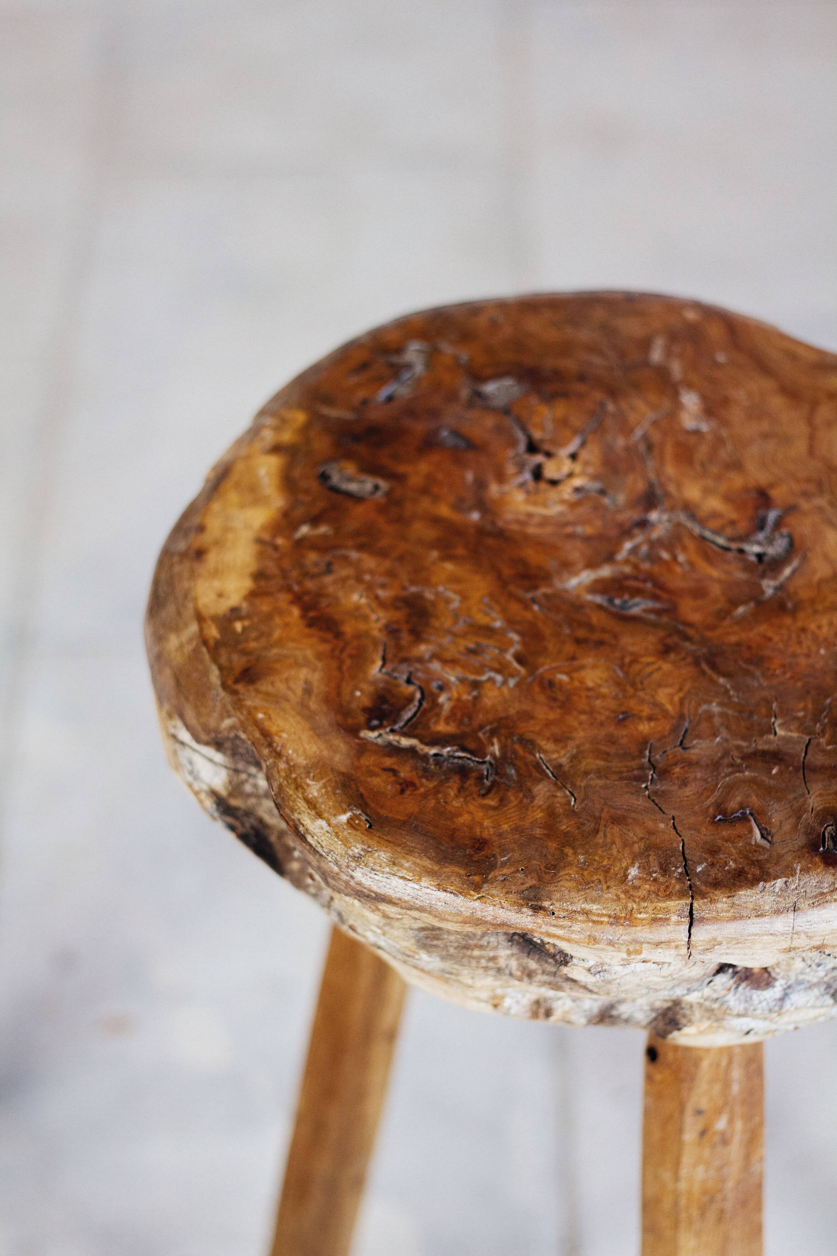 Brutalist bar stool in elm wood