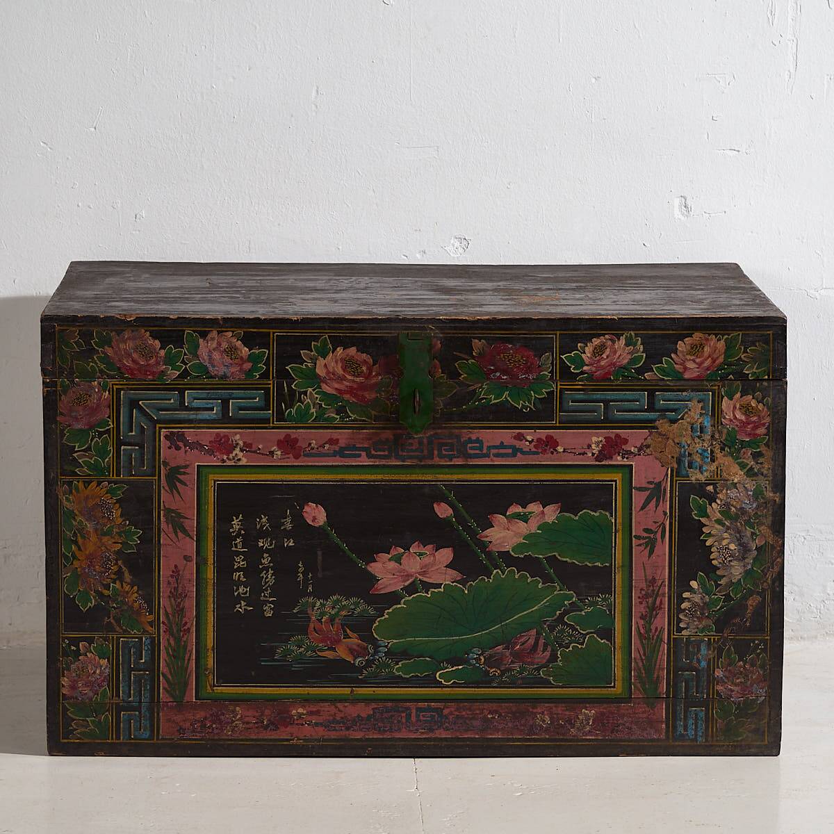 Antique oriental trunk with lotus flower paintings (c.1900)