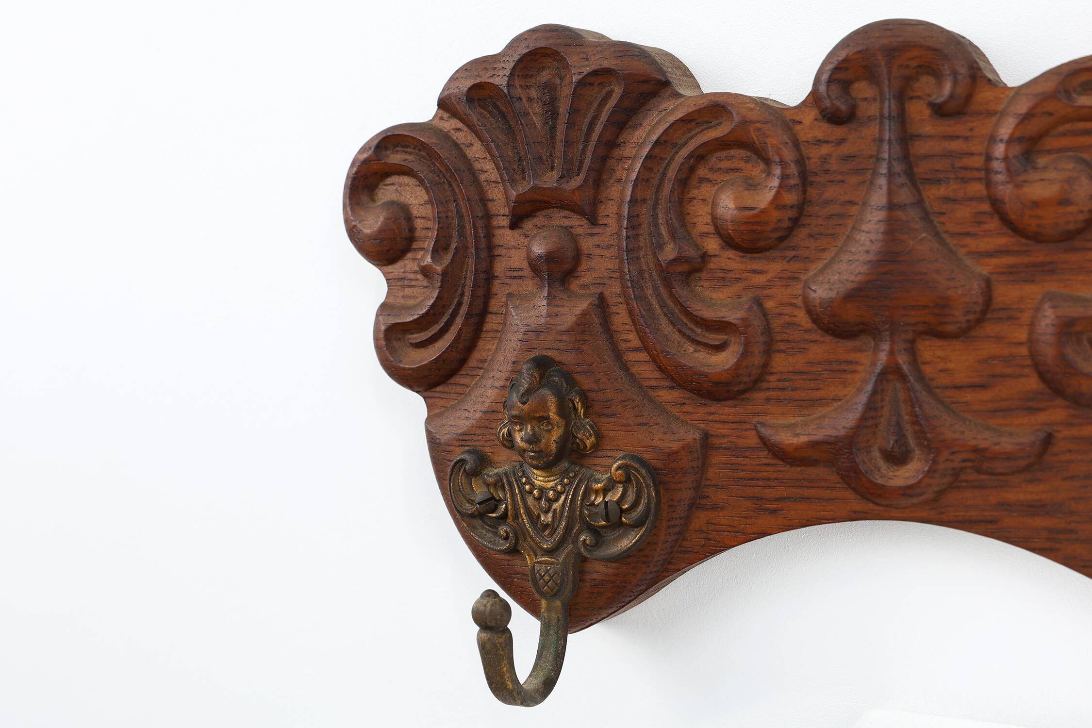 Antique Carved oak Wall mount coat rack with 3 brass angel hooks, France