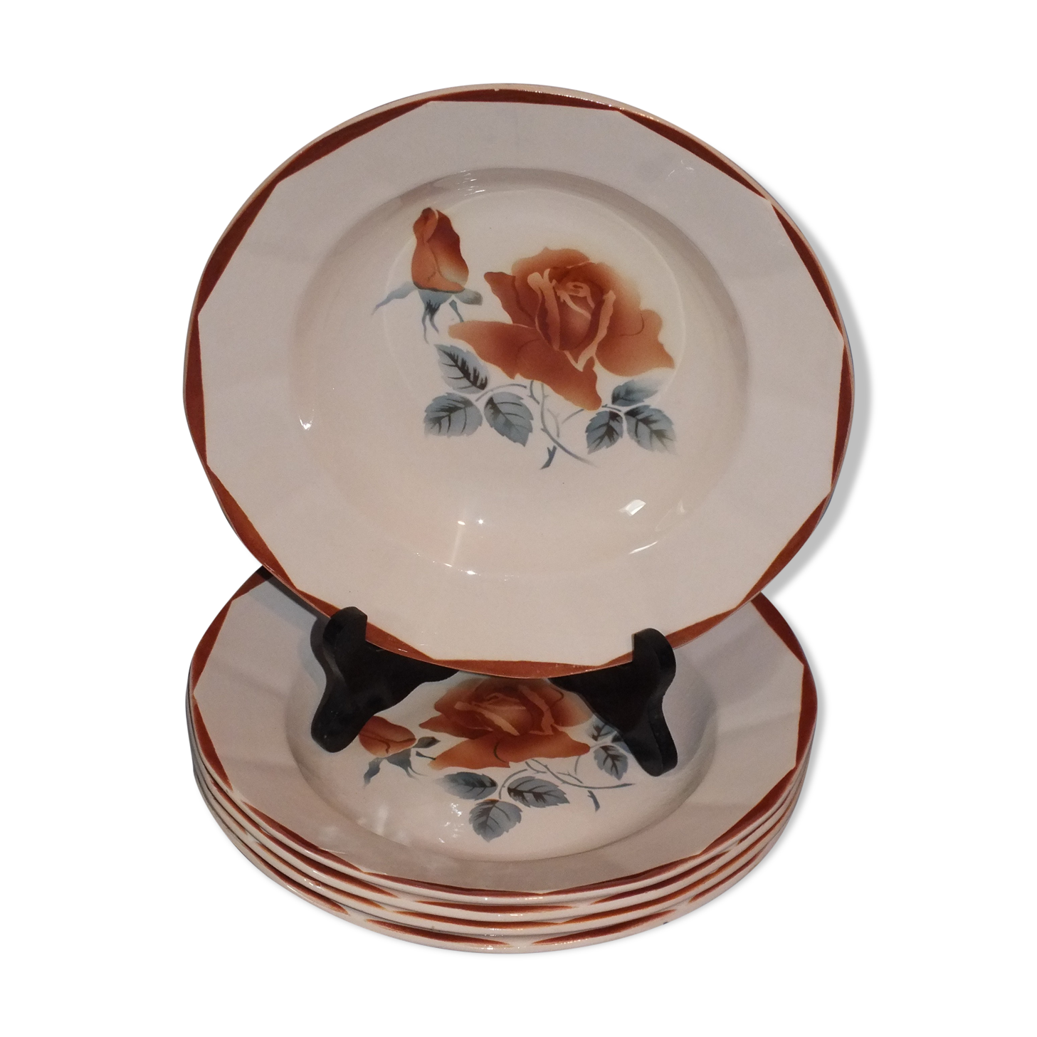 5 hollow plates Digoin Sarreguemines powder pink décor 9181