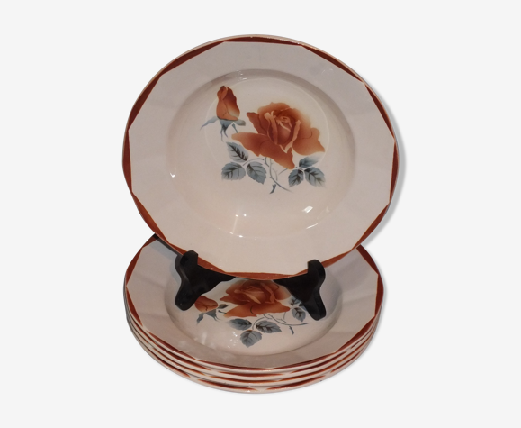 5 assiettes creuses Digoin Sarreguemines rose poudré décor 9181