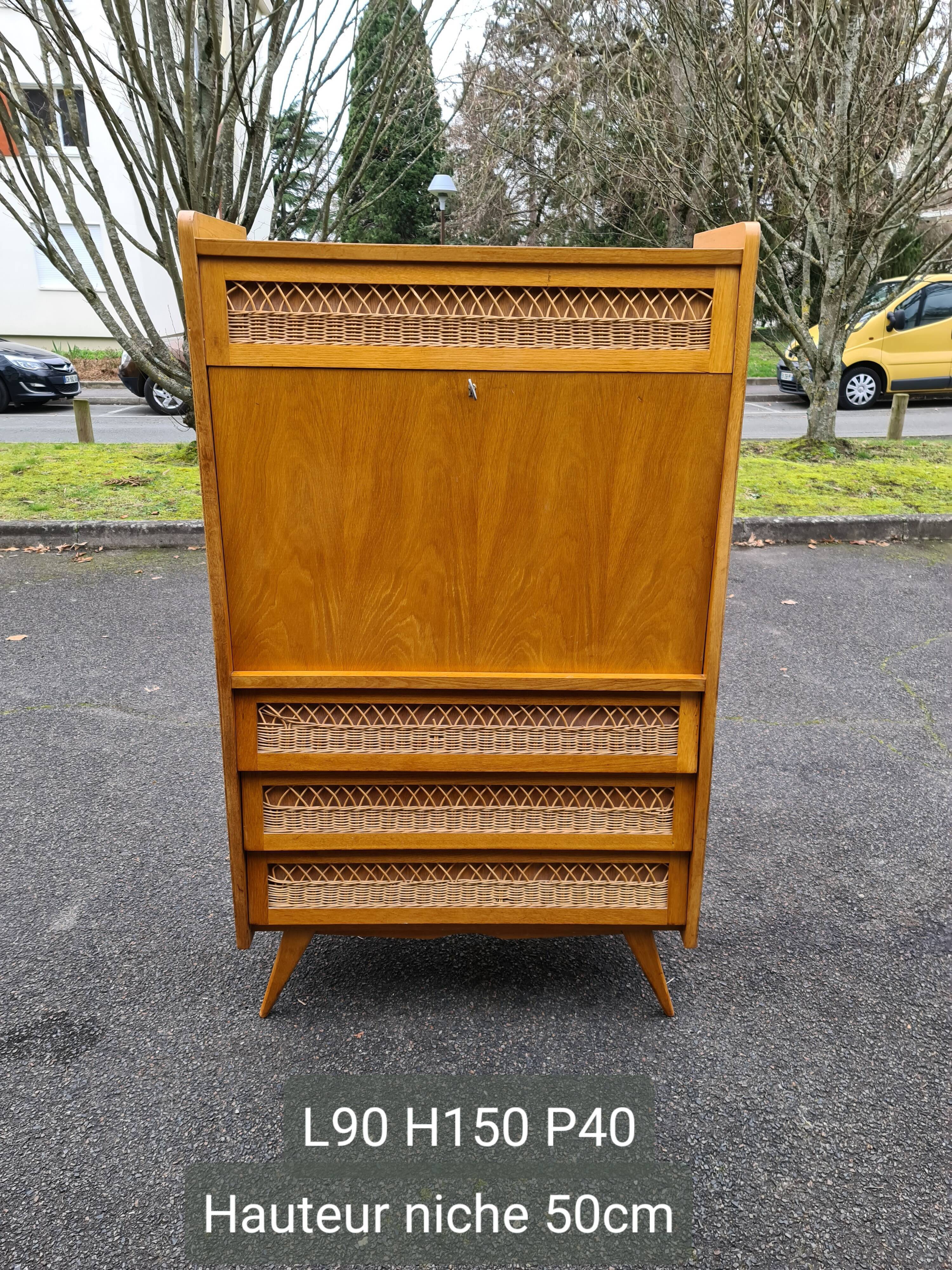 Secrétaire vintage pied compas 1960 rotin