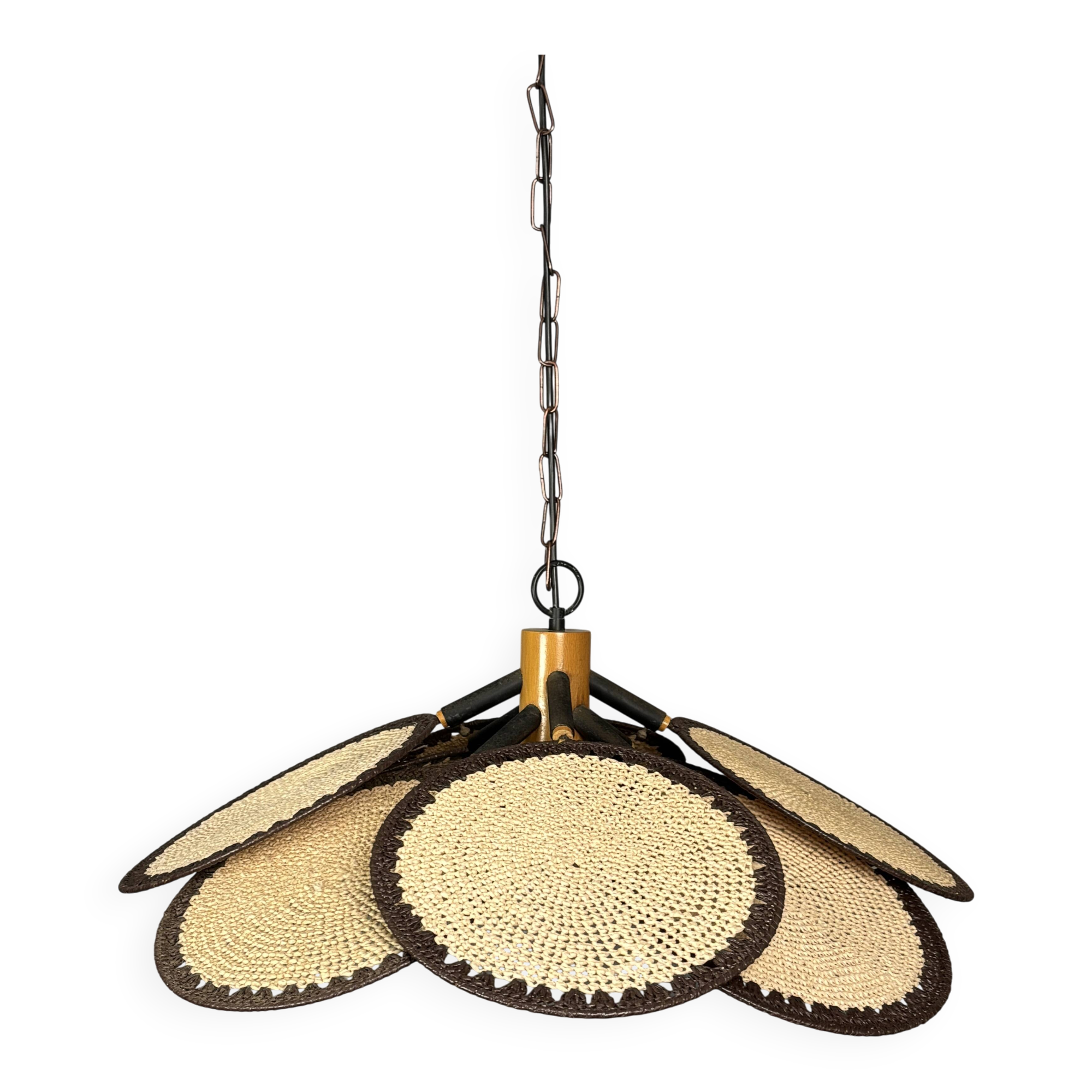 Midcentury uchiwa fan macrame fiber rattan hanging pendant lamp, 1970s