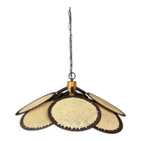 Midcentury uchiwa fan macrame fiber rattan hanging pendant lamp, 1970s