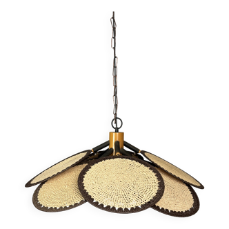 Midcentury uchiwa fan macrame fiber rattan hanging pendant lamp, 1970s
