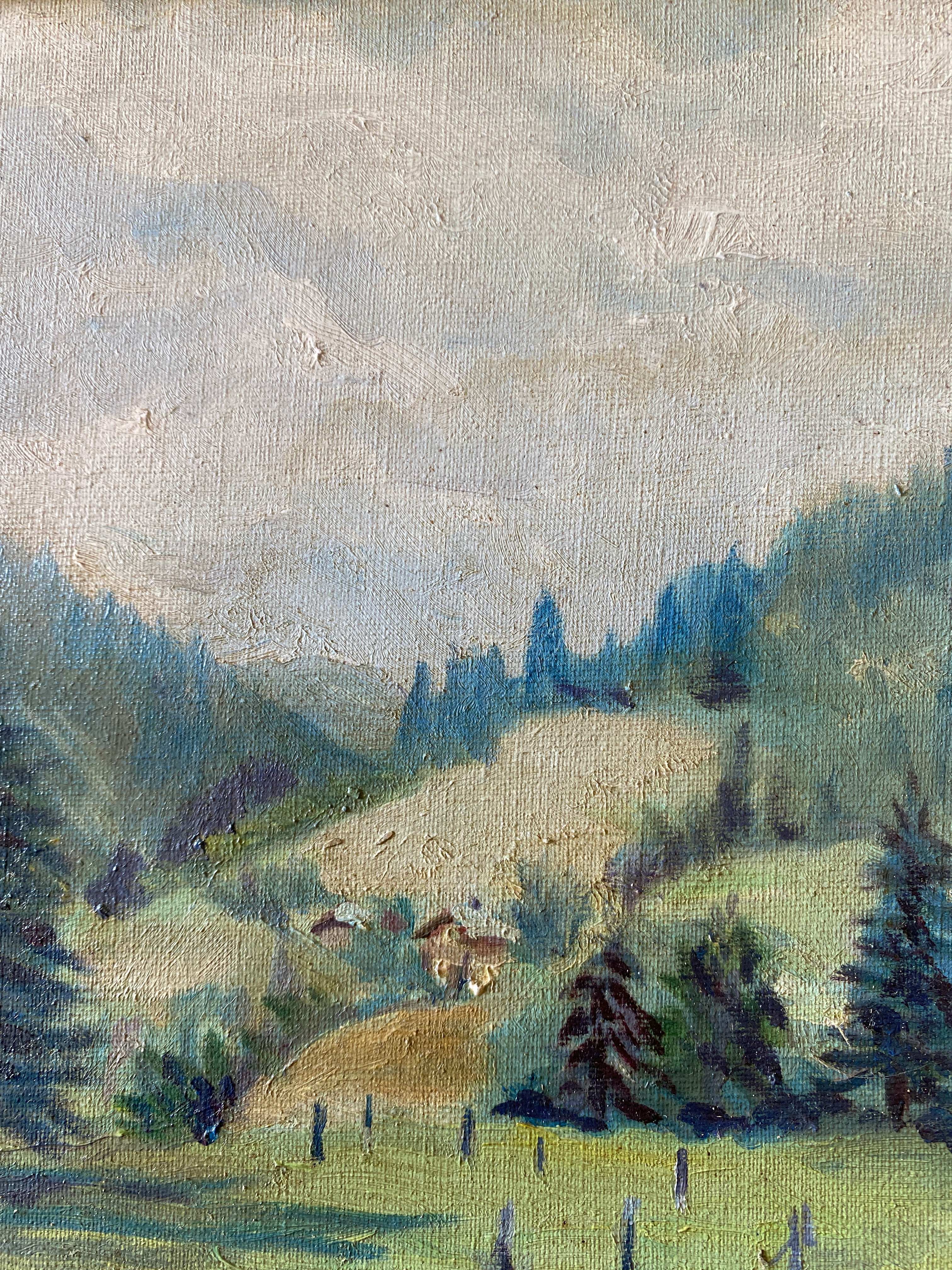 Painting "Mountain landscape" signed Sampic, artist of the Yonne 1952