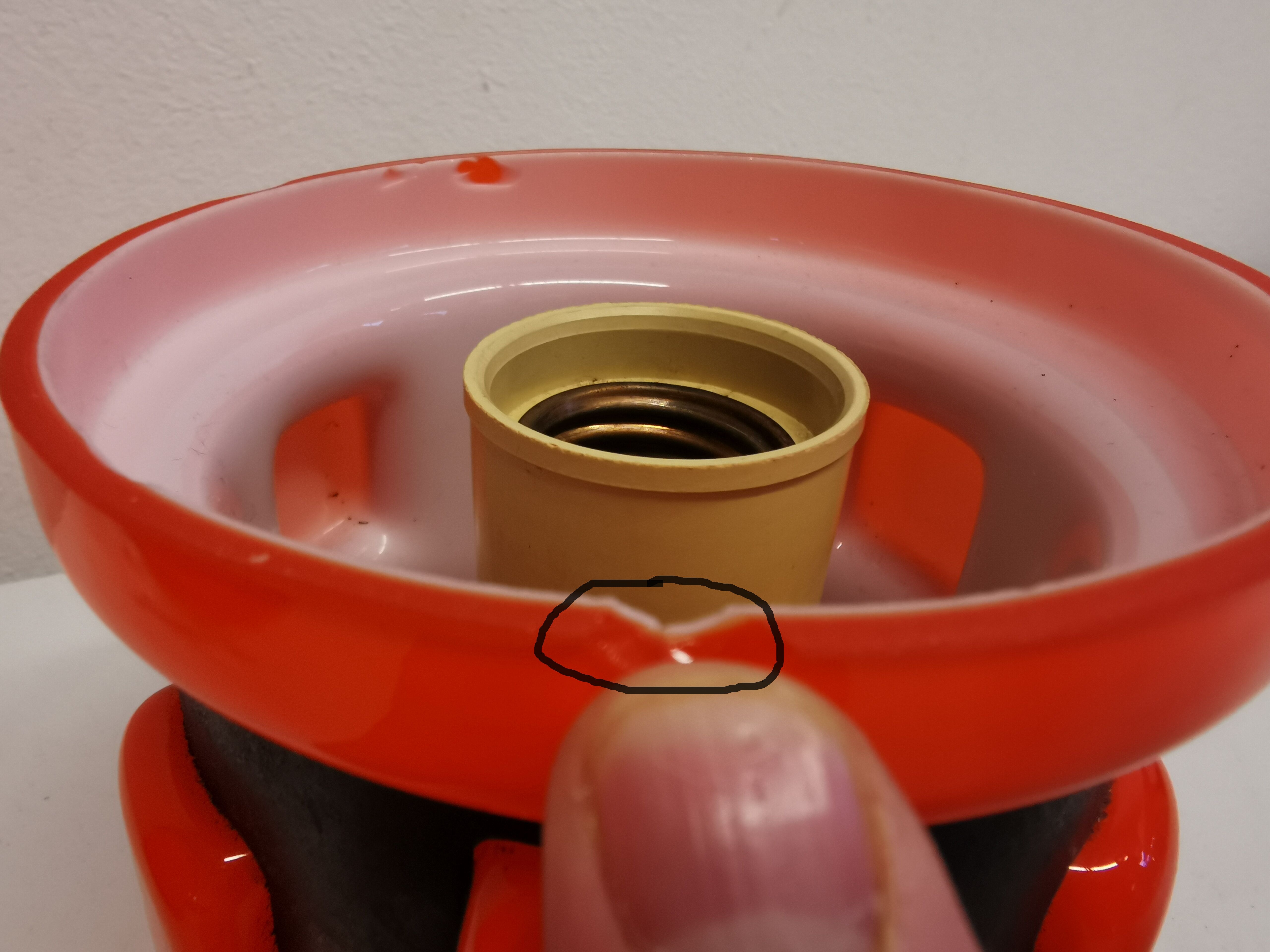 Table lamp, made in red double layer glass with metal details. estimated from the 1960s