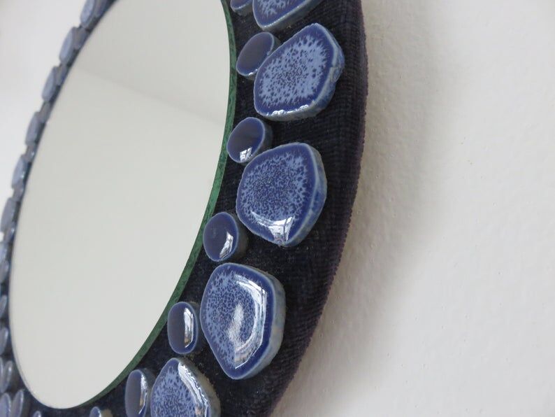 Blue ceramic round mirror 60 70s